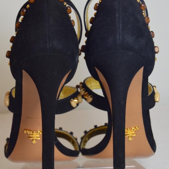 Prada Black Suede Studded Heels (Sandals in Black/Gold Calzature  Italian🇮🇹 - Picture 11 of 15